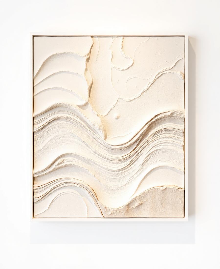 Cuadro texturizado con ondas en crema y arena dentro de marco blanco