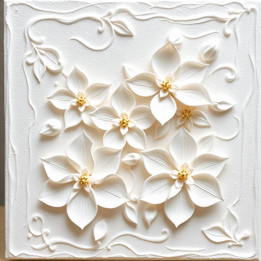 Obra en relieve con flores 3D blancas y centros dorados