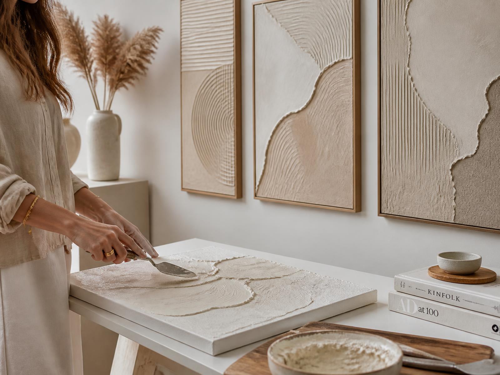 Mujer aplicando pasta texturizada con espátula sobre un lienzo, junto a cuadros en relieve modernos